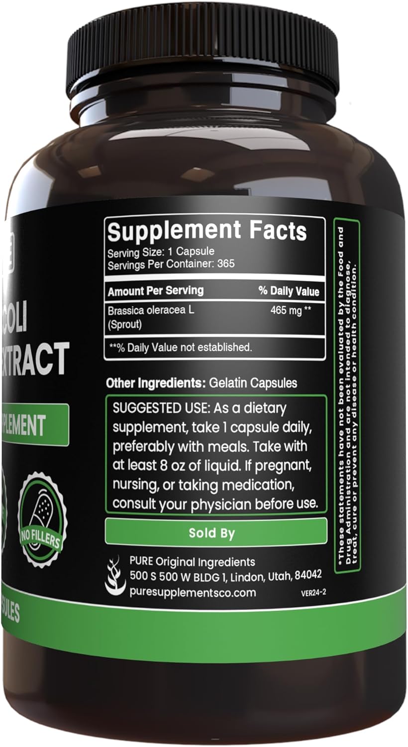 365 Pure Broccoli Extract Powder Capsules - No Fillers, No Stearates - Original Ingredients