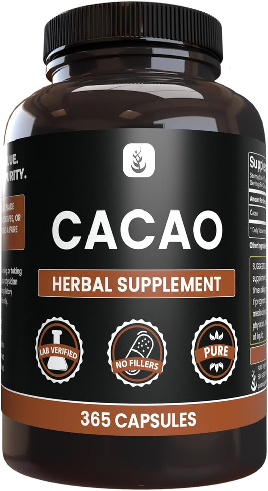 365 Pure Cacao Capsules - Original Ingredients, No Magnesium or Rice Fillers - Lab Verified & Always Pure