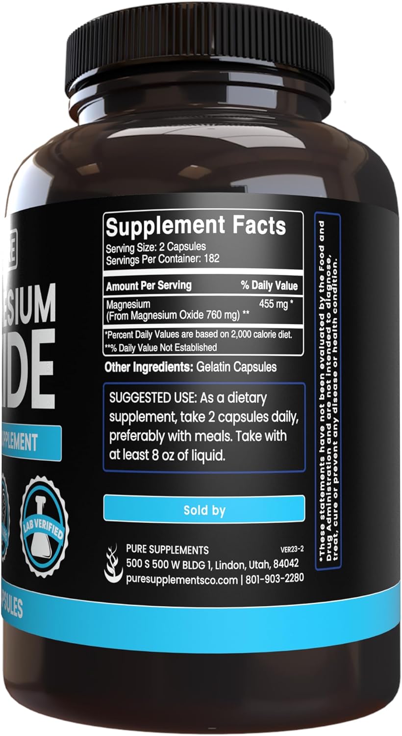 365 Pure Magnesium Oxide Capsules - Lab Verified, No Fillers, Always Pure