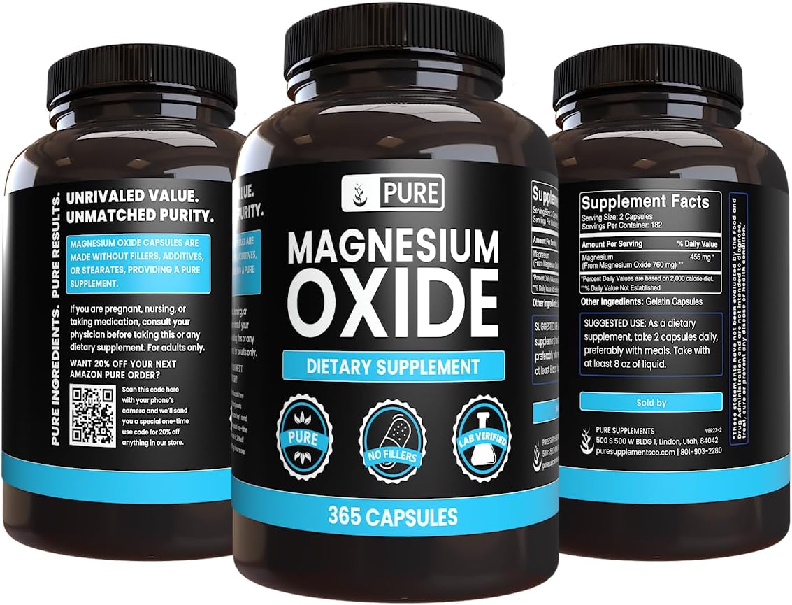 365 Pure Magnesium Oxide Capsules - Lab Verified, No Fillers, Always Pure