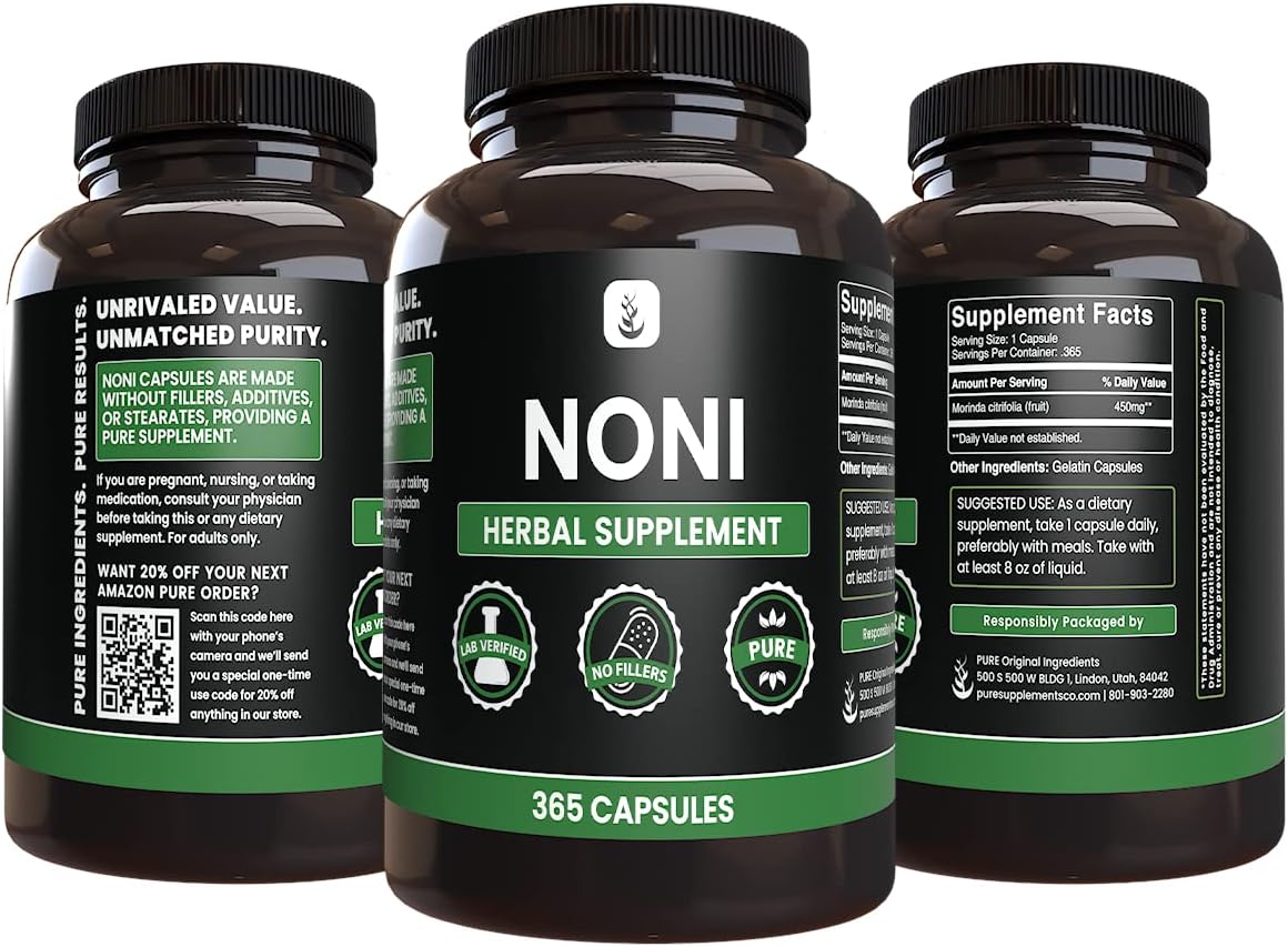 365 Pure Noni Capsules - Original Ingredients, No Magnesium or Rice Fillers, Lab Verified