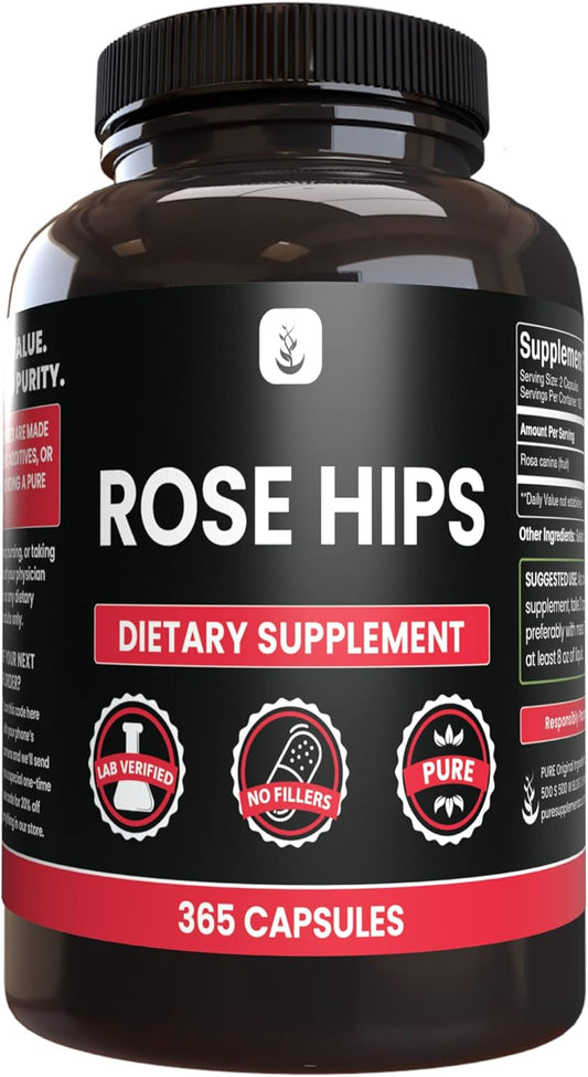 365 Pure Rose Hips Capsules - No Magnesium or Rice Fillers - Lab Verified Quality