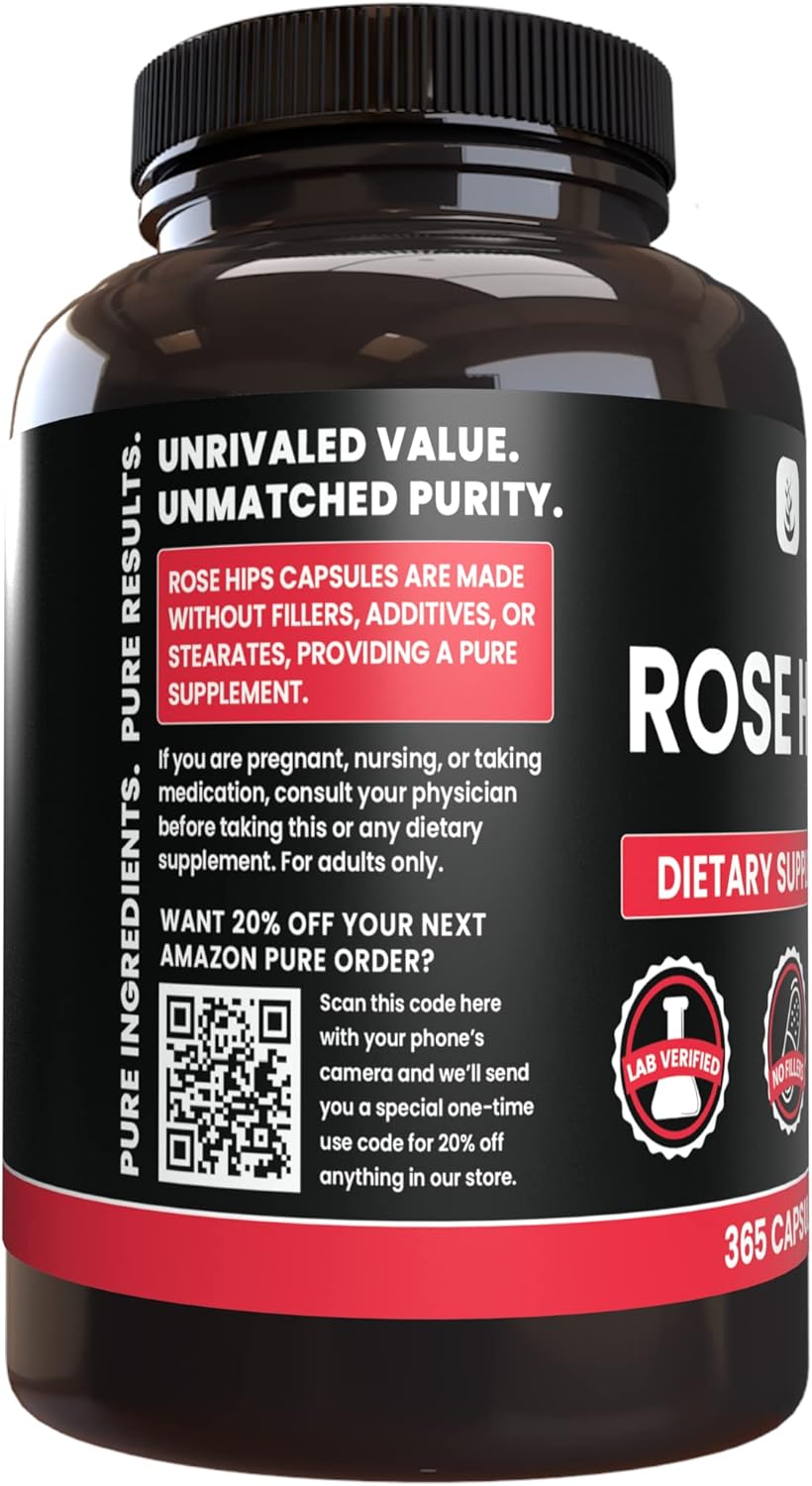 365 Pure Rose Hips Capsules - No Magnesium or Rice Fillers - Lab Verified Quality