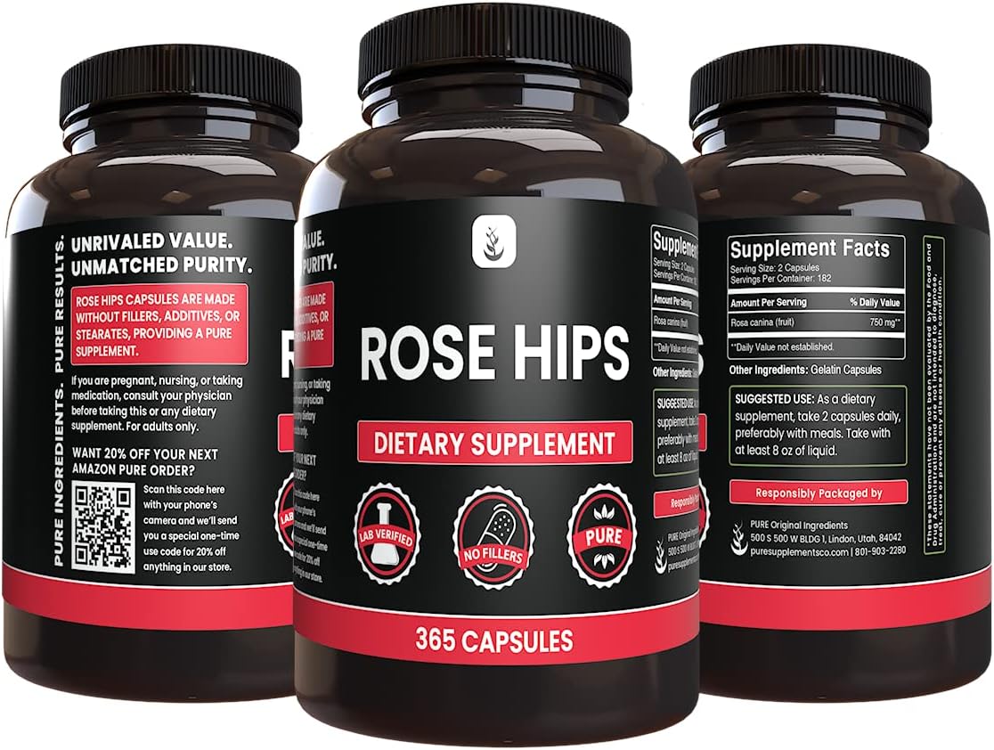 365 Pure Rose Hips Capsules - No Magnesium or Rice Fillers - Lab Verified Quality