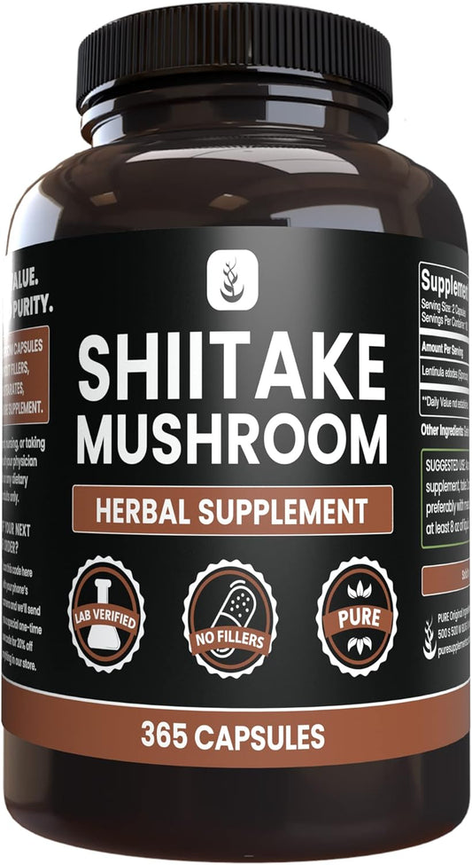 365 Pure Shiitake Mushroom Capsules, No Fillers, Lab Verified