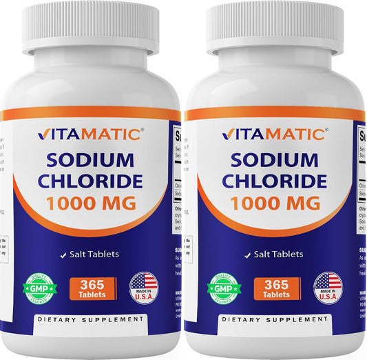 365 Salt Tablets 1000mg - Electrolytes Replenisher Hydration Drink - Non-GMO, Gluten Free - 2 Bottles