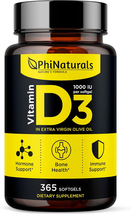 365 Softgel Capsules of PhiNaturals Vitamin D3 1000iu Supplement with Olive Oil Base - One Year Supply of Vitamin D3