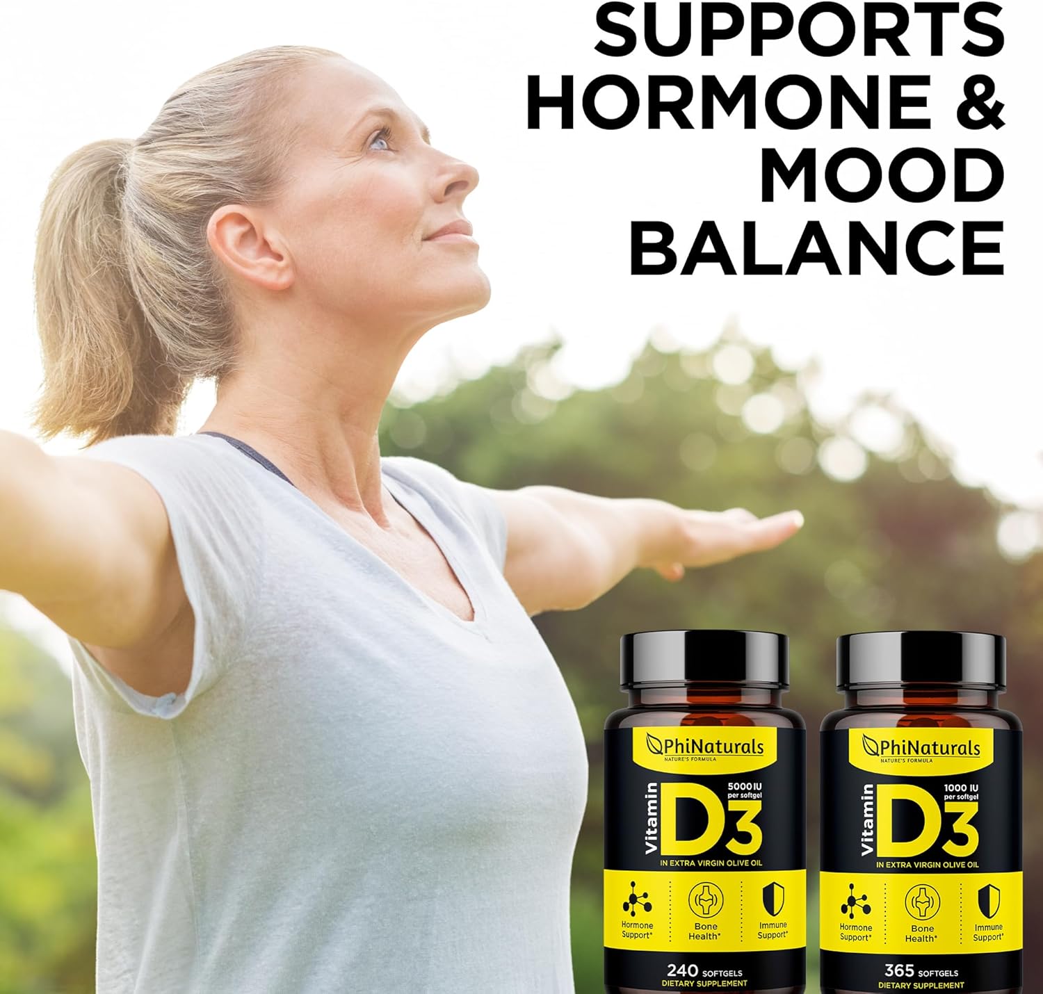 365 Softgel Capsules of PhiNaturals Vitamin D3 1000iu Supplement with Olive Oil Base - One Year Supply of Vitamin D3