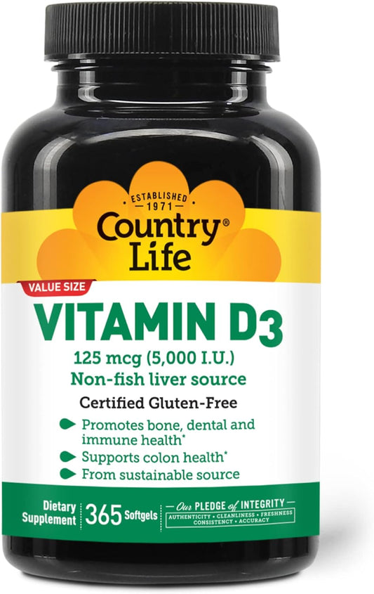 365 Softgels of Country Life Vitamin D3 5000 IU, Non-Fish Source, Gluten Free