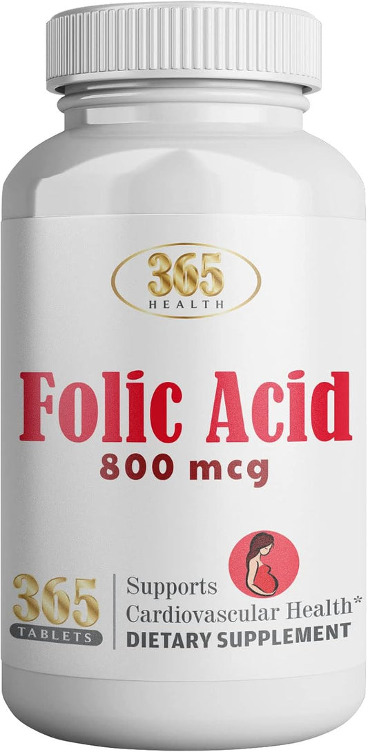 365 Tablets of HEALTH LFE 365 Folic Acid 800mcg (0.8mg) Vitamin B9 for Cardiovascular & Prenatal Health - Non-GMO & Vegan Formula
