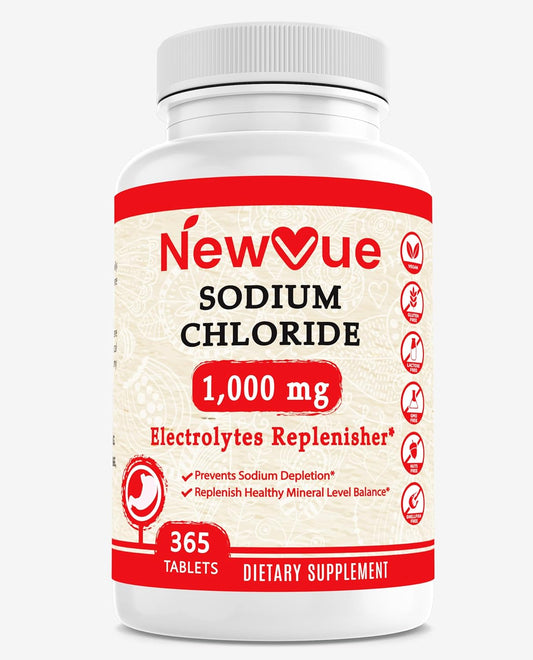 365 Tablets of Newvue Sodium Chloride 1000mg - Non-GMO & Gluten Free Salt Tablets for Hydration & Electrolyte Replacement