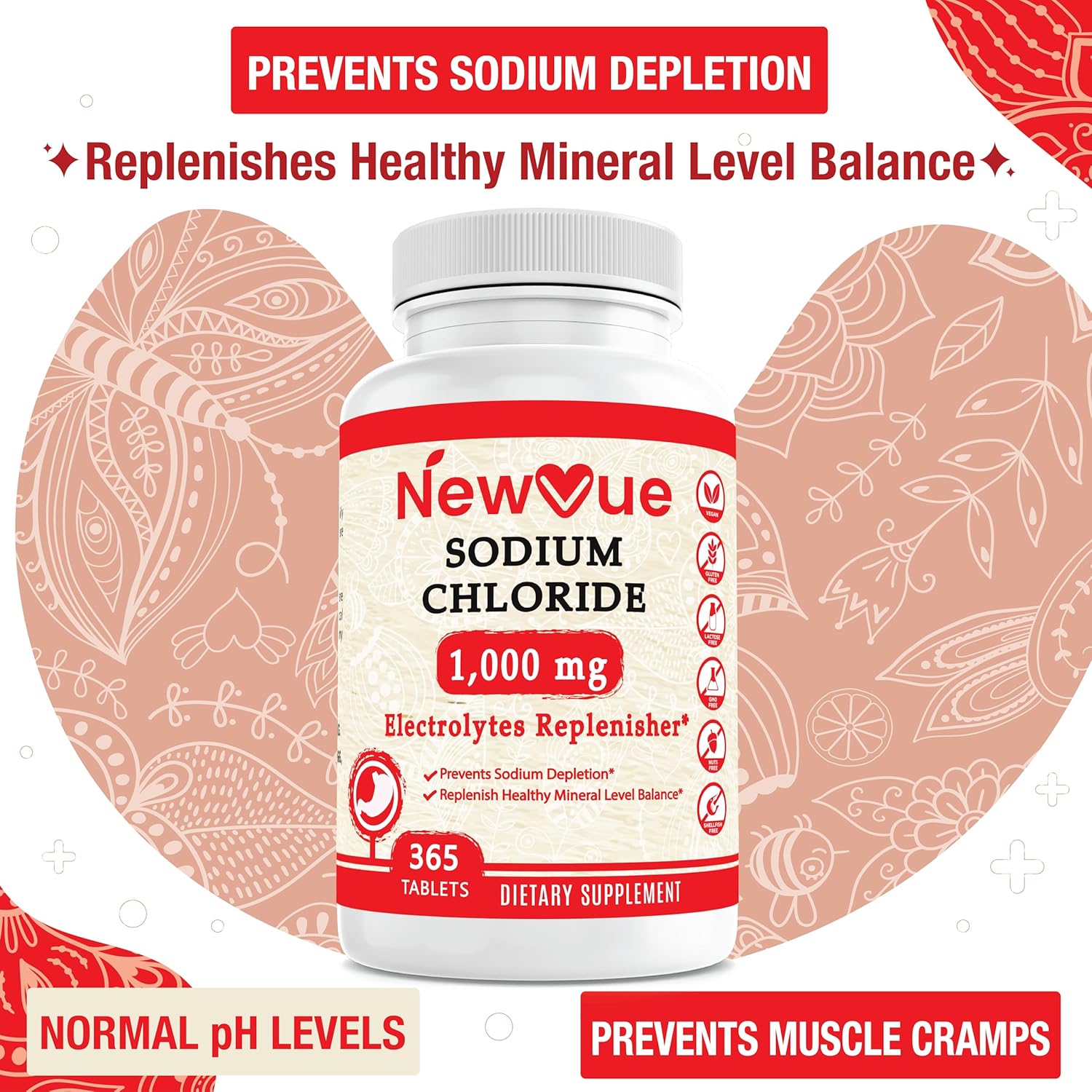 365 Tablets of Newvue Sodium Chloride 1000mg - Non-GMO & Gluten Free Salt Tablets for Hydration & Electrolyte Replacement