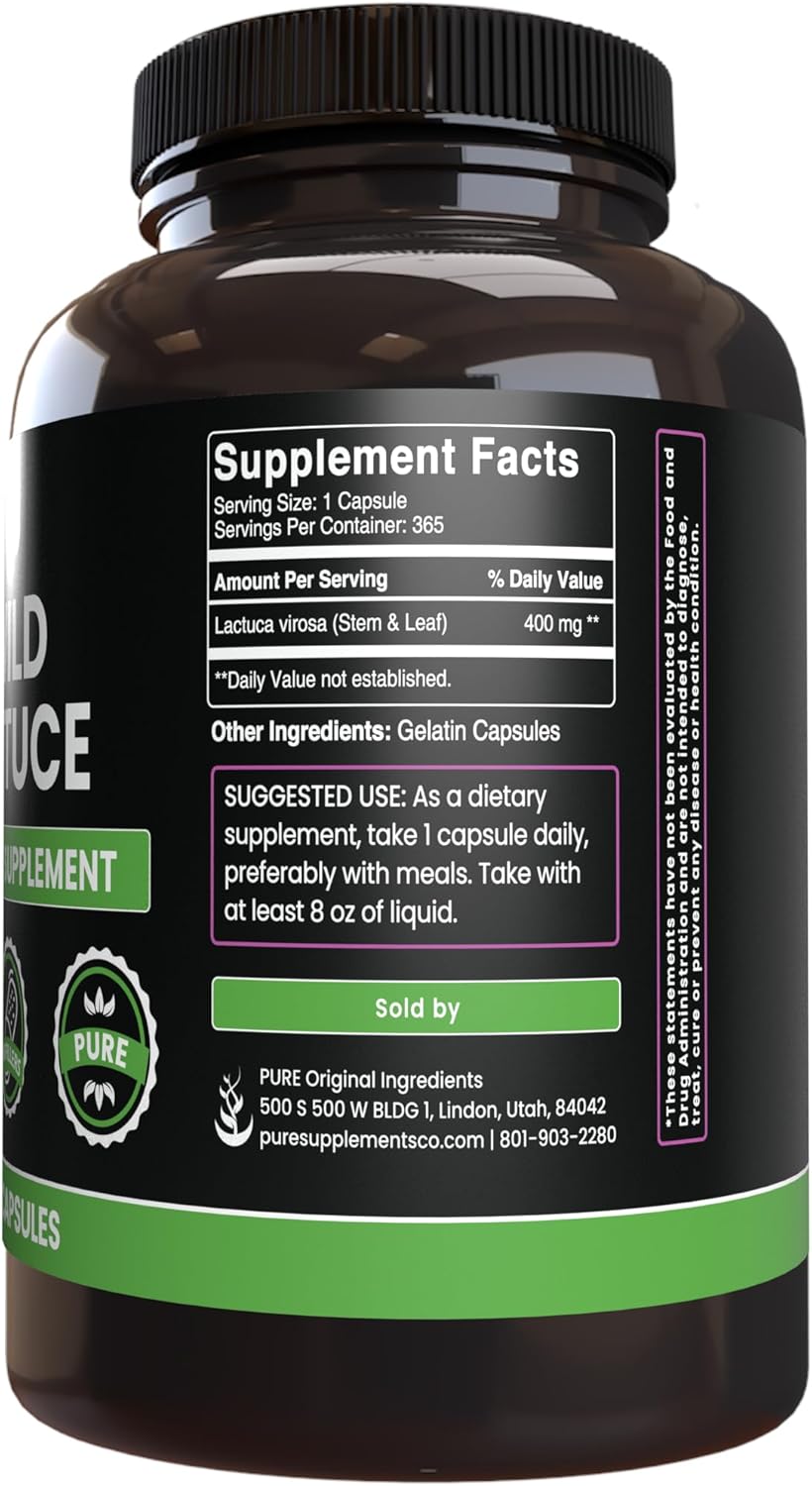 365 Wild Lettuce Capsules - Pure Ingredients, Lab Verified, No Magnesium or Rice Fillers