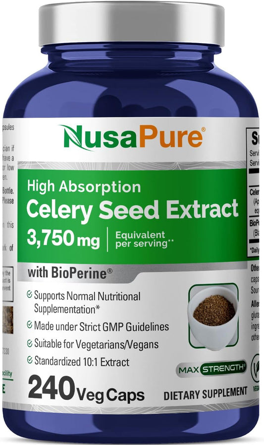 3750mg Celery Seed Extract Capsules - 240 Veggie Caps, Non-GMO, Vegan Formula by NusaPure