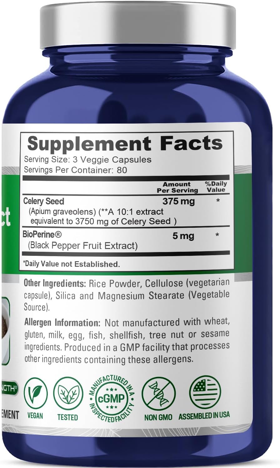 3750mg Celery Seed Extract Capsules - 240 Veggie Caps, Non-GMO, Vegan Formula by NusaPure