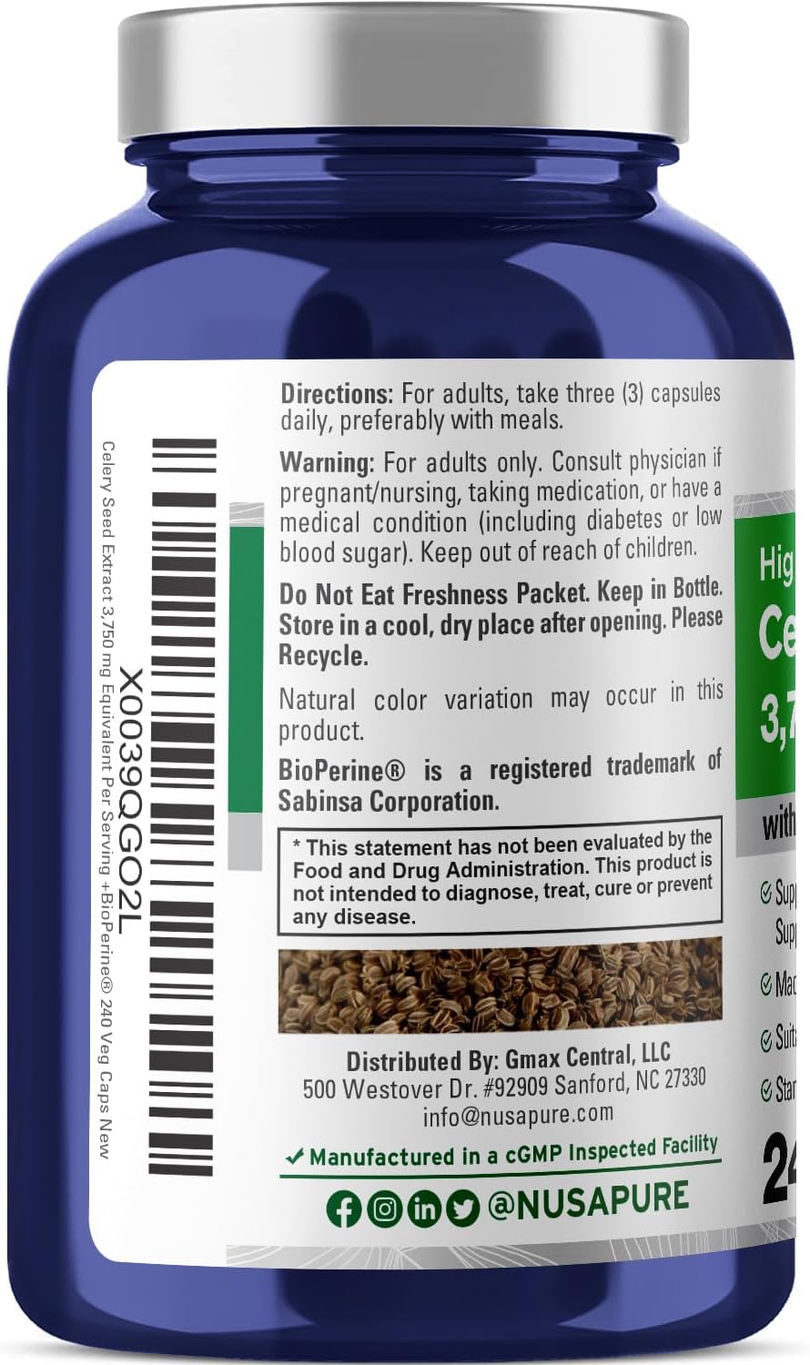 3750mg Celery Seed Extract Capsules - 240 Veggie Caps, Non-GMO, Vegan Formula by NusaPure