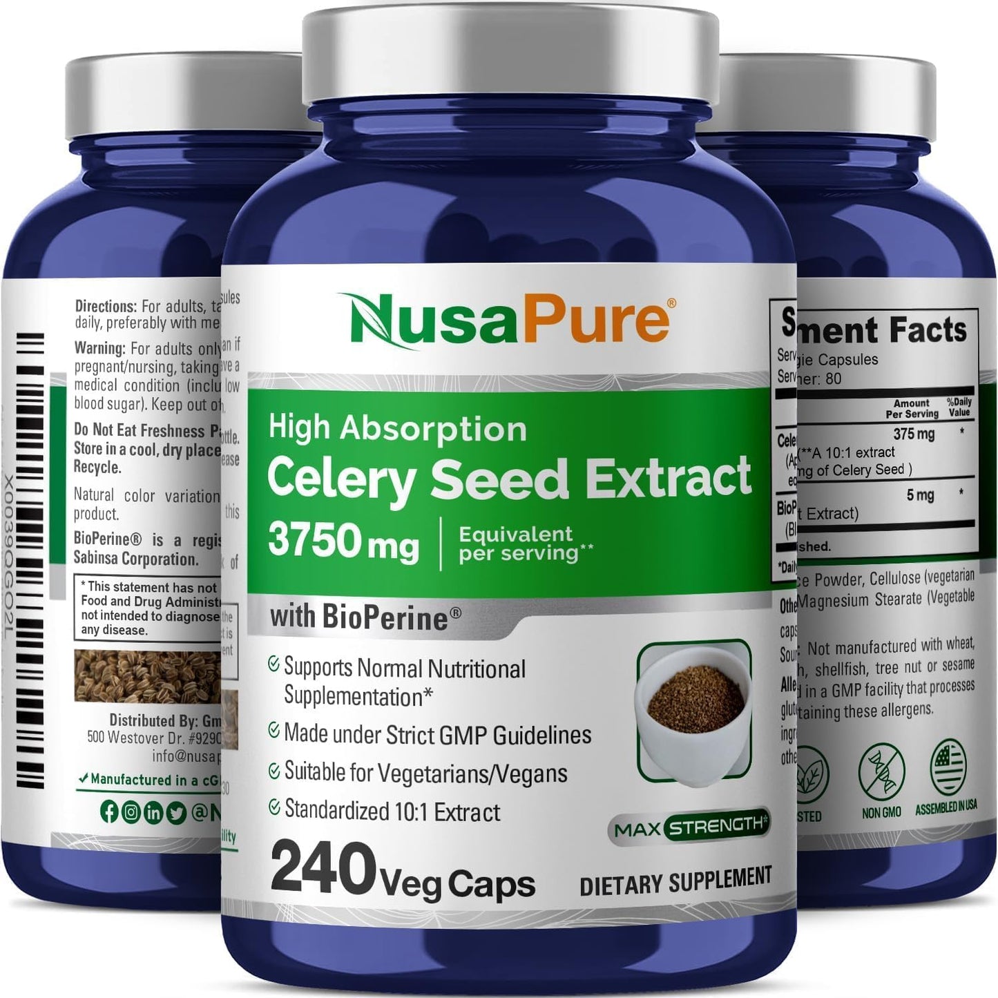 3750mg Celery Seed Extract Capsules - 240 Veggie Caps, Non-GMO, Vegan Formula by NusaPure