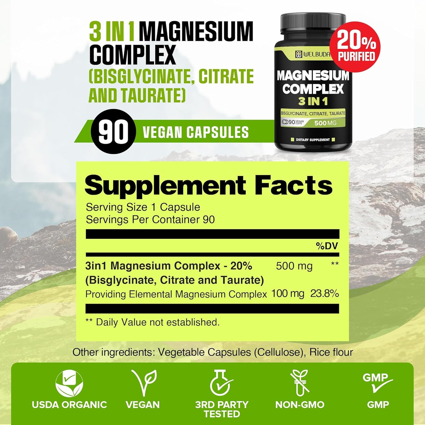 3in1 Magnesium Complex Capsules - 90 Count - 500mg Magnesium Bisglycinate, Citrate & Oxide Blend for Muscle, Relaxation, Bone Health - 20% Purified - 100mg Elemental Magnesium