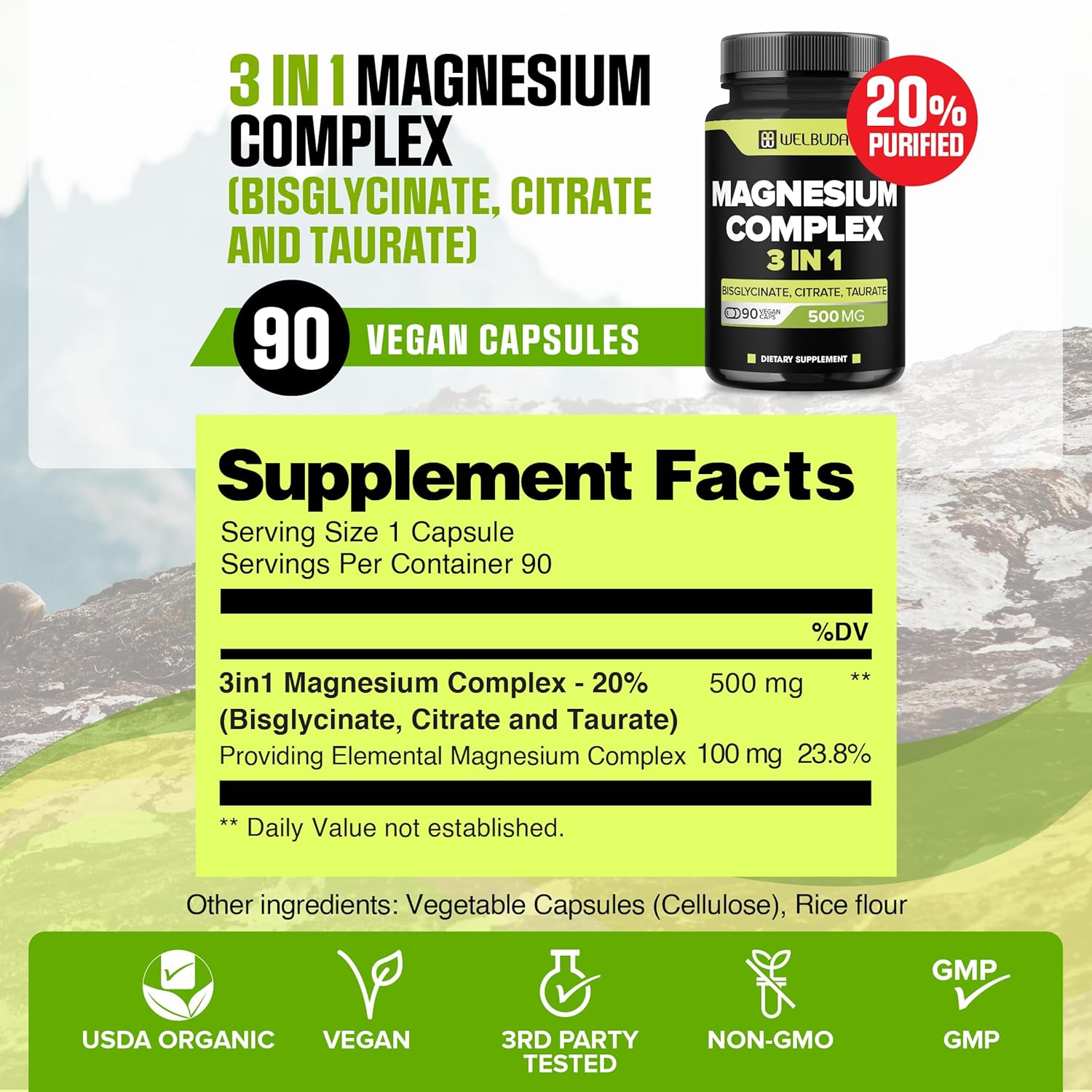 3in1 Magnesium Complex Capsules - 90 Count - 500mg Magnesium Bisglycinate, Citrate & Oxide Blend for Muscle, Relaxation, Bone Health - 20% Purified - 100mg Elemental Magnesium