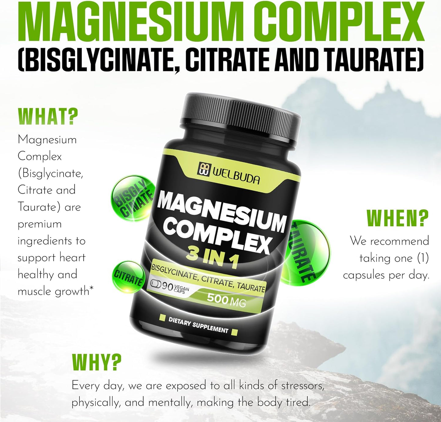 3in1 Magnesium Complex Capsules - 90 Count - 500mg Magnesium Bisglycinate, Citrate & Oxide Blend for Muscle, Relaxation, Bone Health - 20% Purified - 100mg Elemental Magnesium