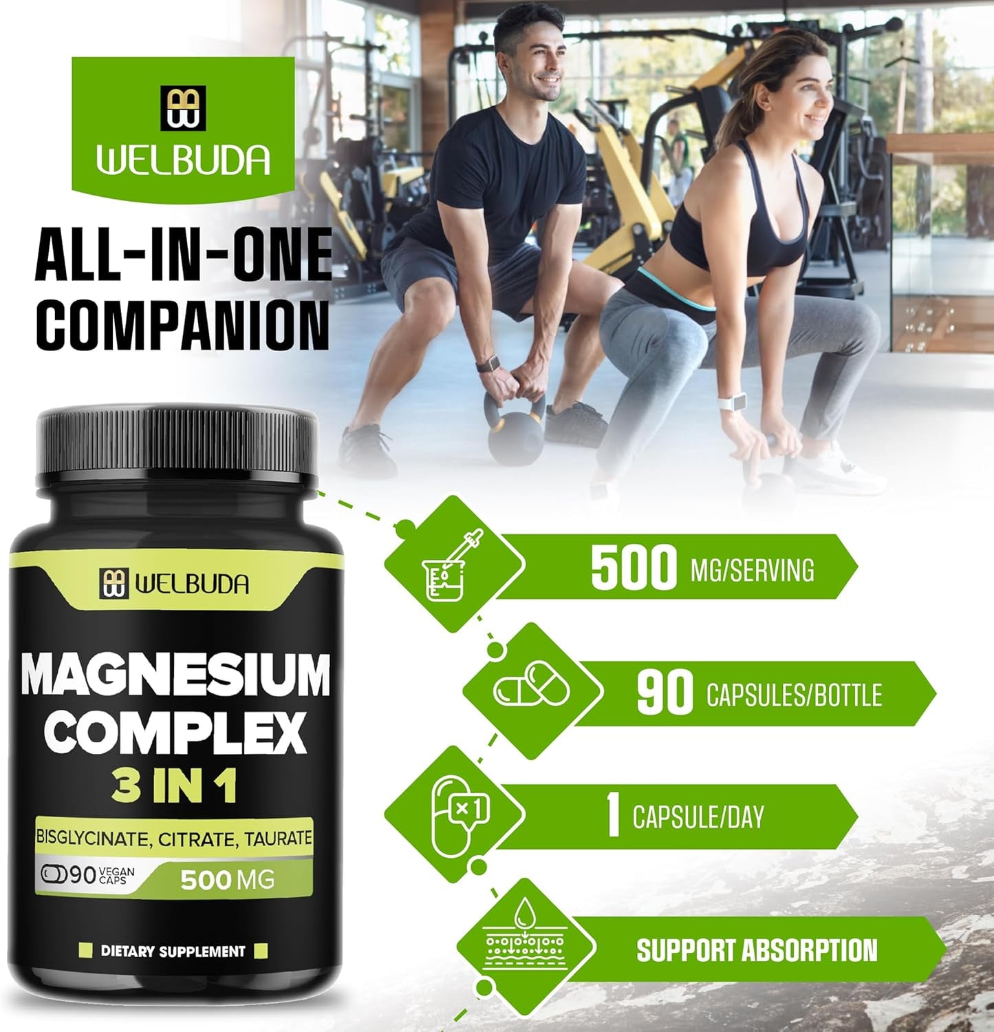 3in1 Magnesium Complex Capsules - 90 Count - 500mg Magnesium Bisglycinate, Citrate & Oxide Blend for Muscle, Relaxation, Bone Health - 20% Purified - 100mg Elemental Magnesium