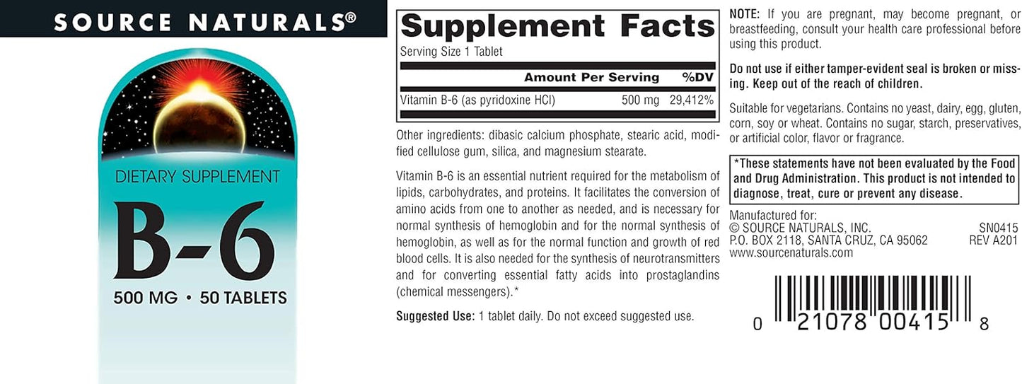 3M Source Naturals Vitamin B-6 Tablets - 500mg for Immune System Support (50 Tablets)