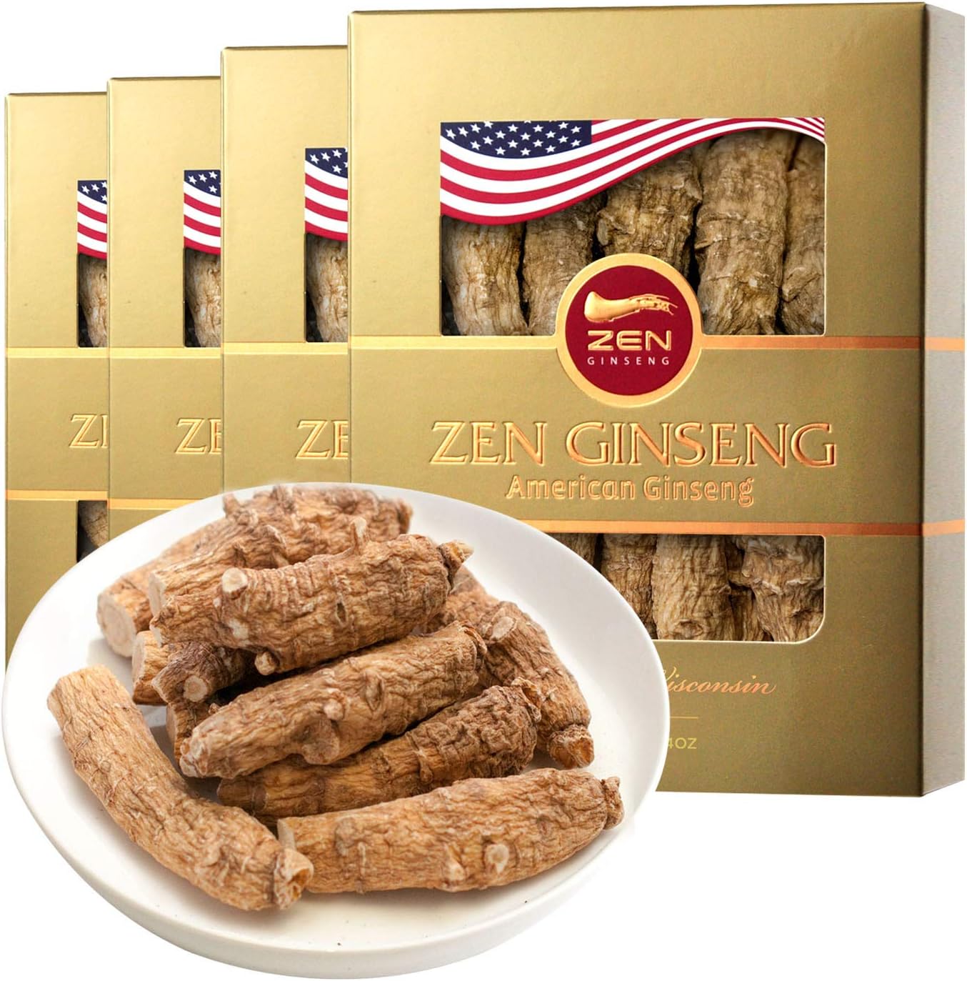 4 Boxes of Premium Large American Ginseng Root (16oz Total) - Non-GMO, Gluten Free Wisconsin Ginseng. Boost Immunity, Energy & Stamina for Men & Women.