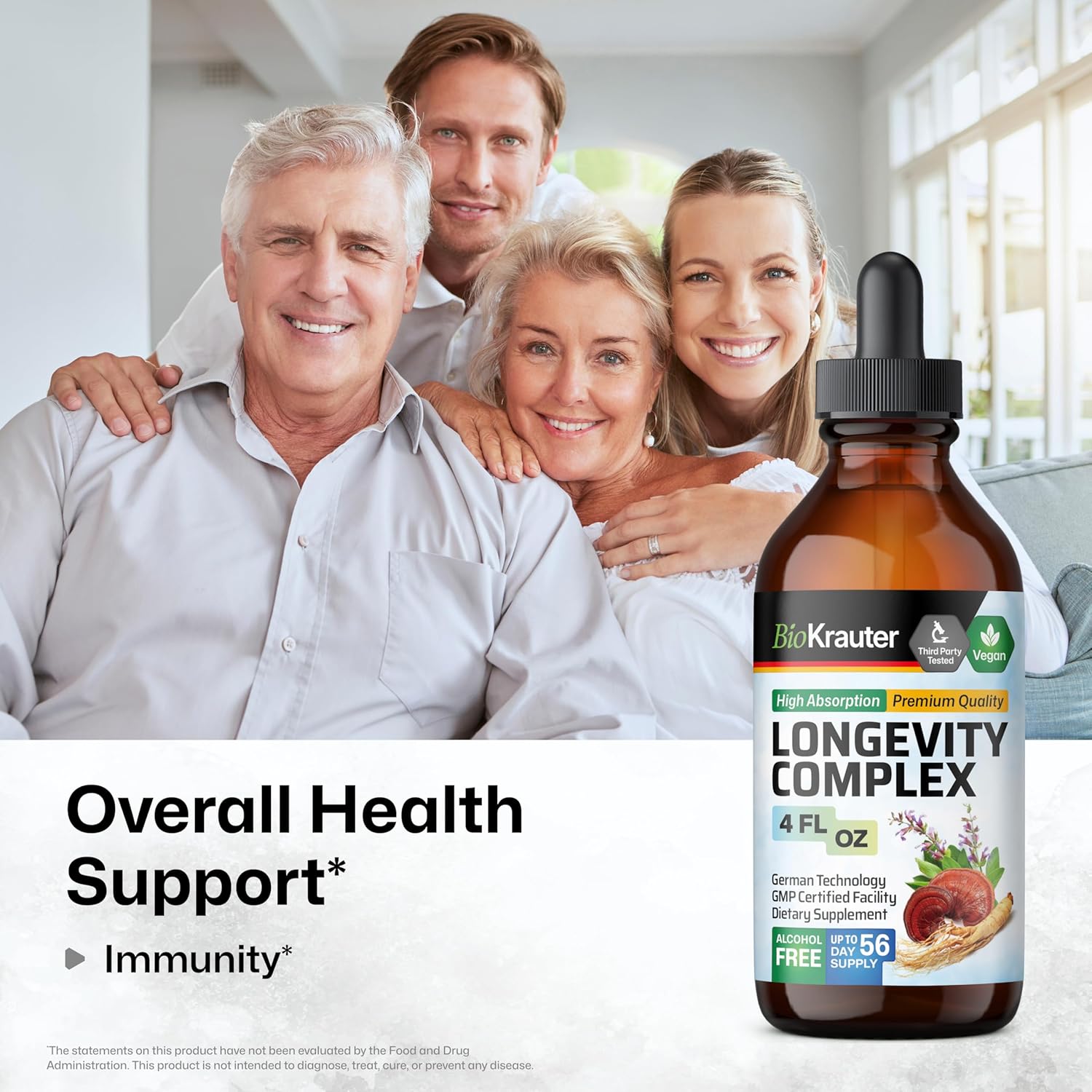 4 Fl. Oz. BIO KRAUTER Immune Mushroom and Longevity Tincture for Wellness