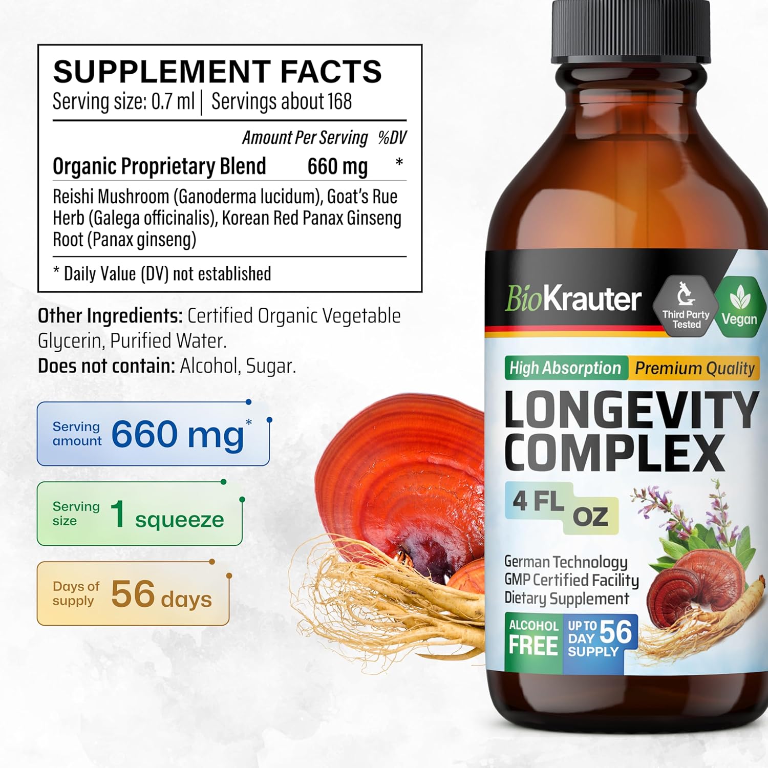 4 Fl. Oz. BIO KRAUTER Immune Mushroom and Longevity Tincture for Wellness
