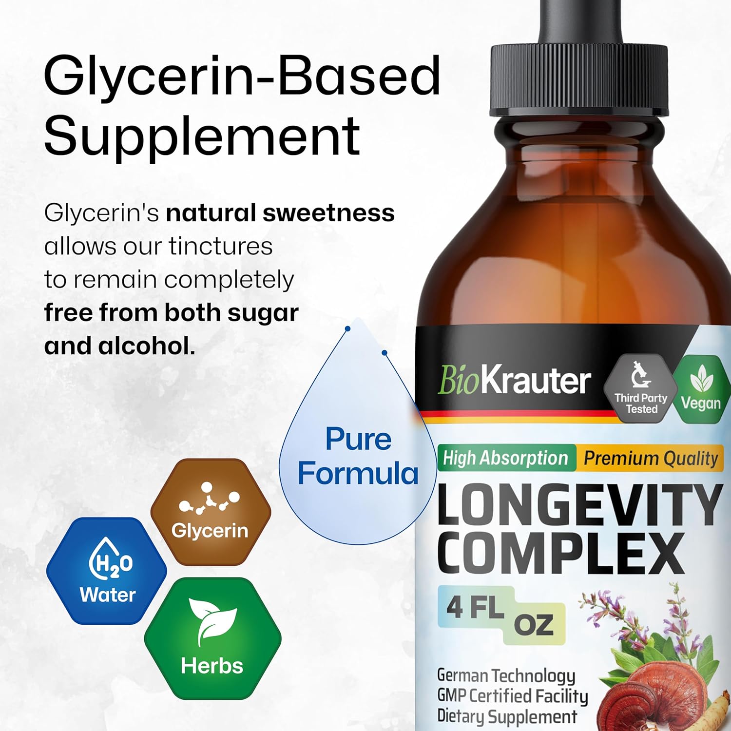 4 Fl. Oz. BIO KRAUTER Immune Mushroom and Longevity Tincture for Wellness