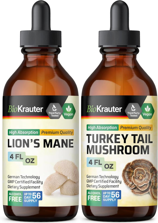 4 Fl. Oz. BIO KRAUTER Lion's Mane and Turkey Tail Mushroom Tinctures for Improved Health