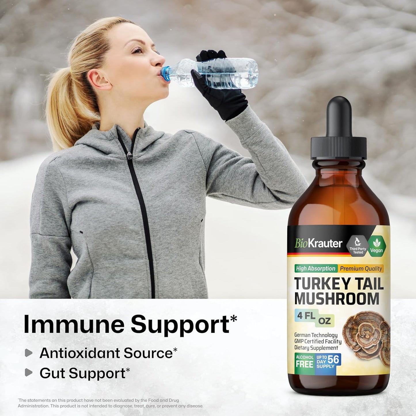 4 Fl. Oz. BIO KRAUTER Lion's Mane and Turkey Tail Mushroom Tinctures for Improved Health