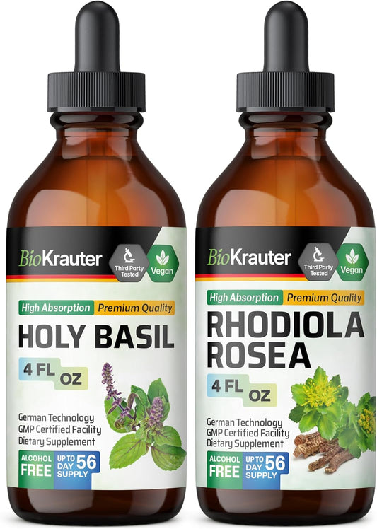 4 Fl. Oz. Holy Basil and Rhodiola Rosea Tincture Set for Natural Wellness Boost