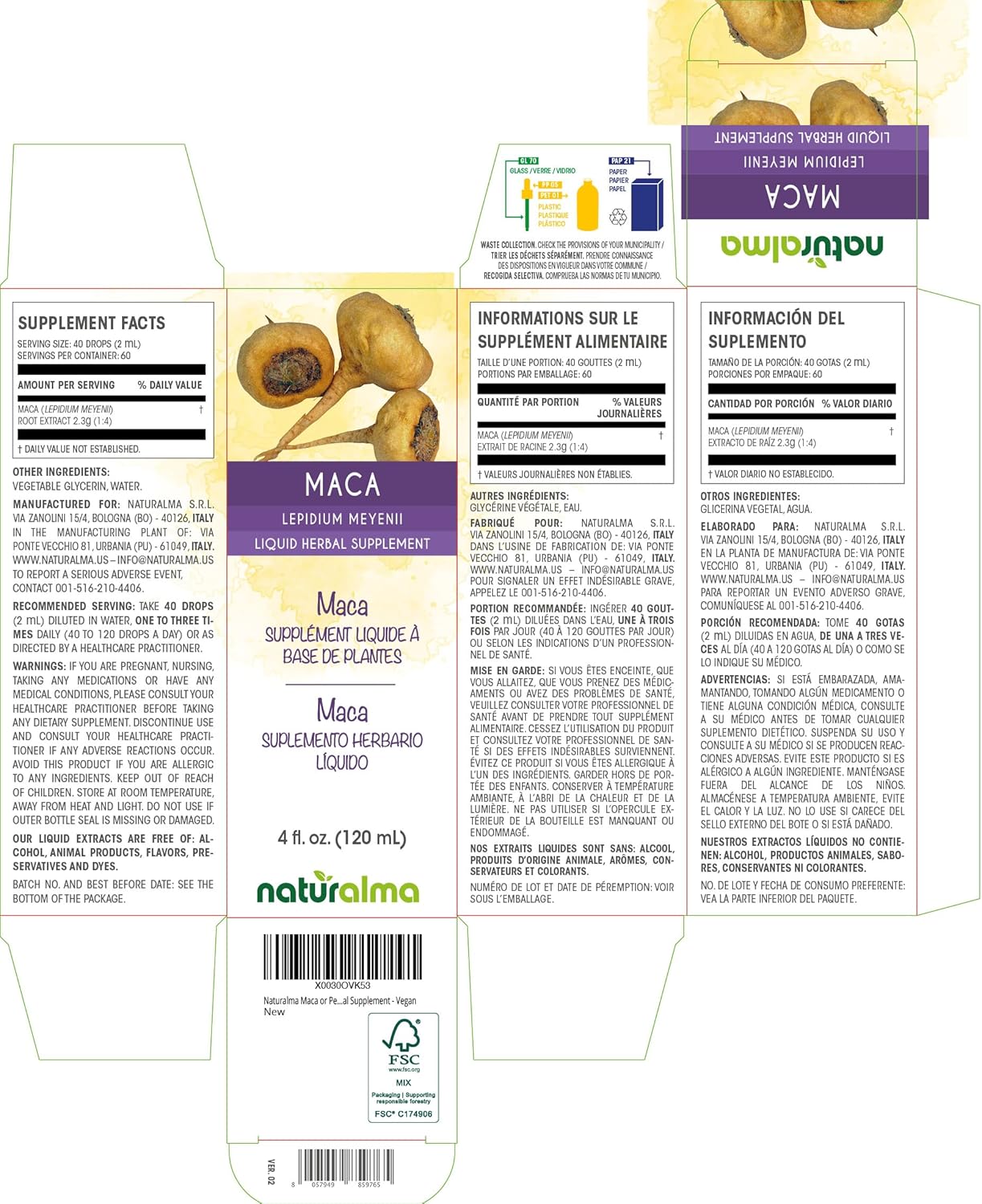 4 fl oz Naturalma Maca Root Alcohol-Free Tincture - Lepidium meyenii Liquid Extract Drops - Herbal Supplement for Vegans