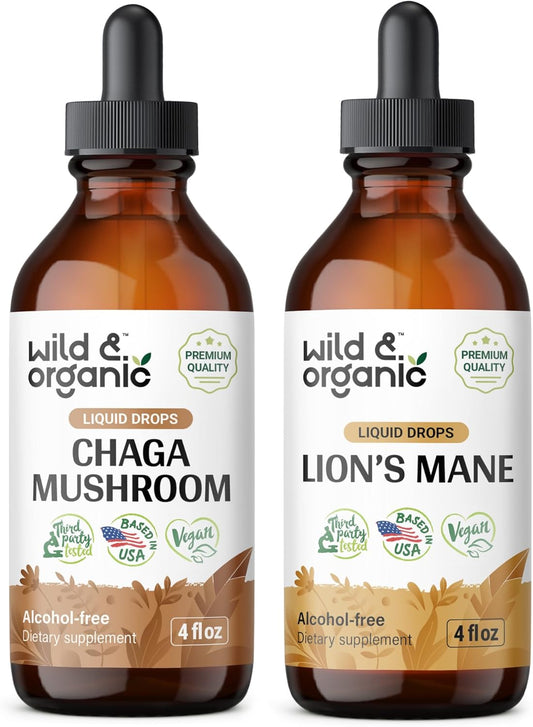4 fl oz Wild & Organic Chaga Mushroom Tincture + Lion's Mane Mushroom Tincture - Organic Herbal Supplement for Immune Support
