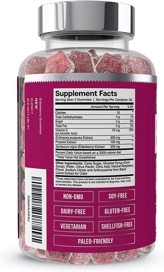 4-in-1 Immune Support Elderberry Gummies for Adults - 60 Count with Sambucus Nigra, Vitamin C, Echinacea, Propolis Extract