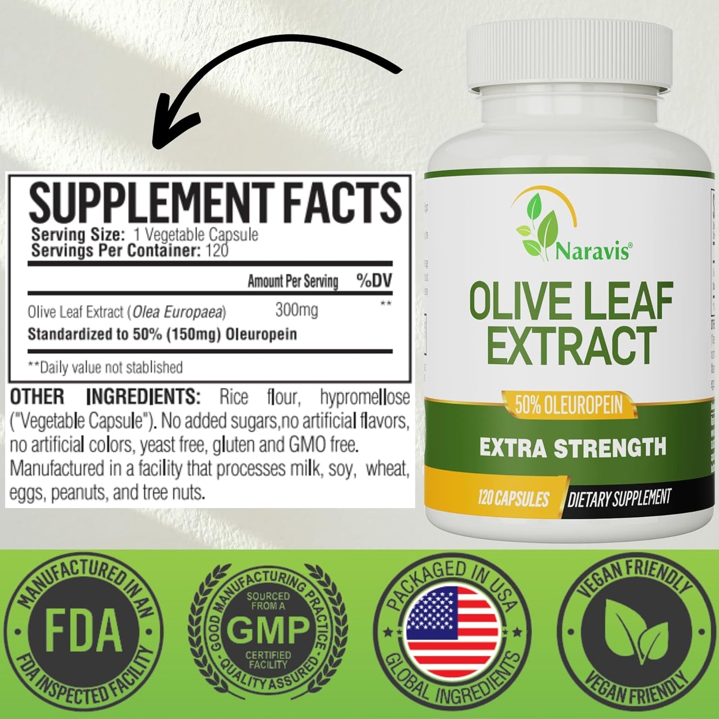4-Month Supply Naravis Olive Leaf Extract - 50% Oleuropein - High Concentration