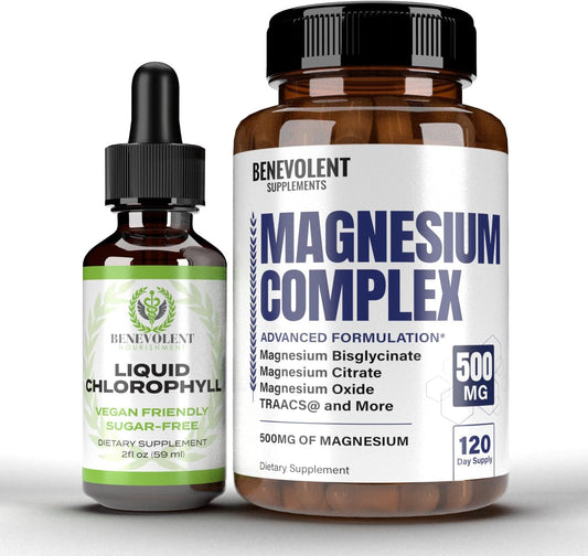 4 Month Supply of Benevolent Nourishment Chlorophyll Liquid Drops & Magnesium Complex - High Potency Formula for Skin Health - 5 Premium Magnesium Forms