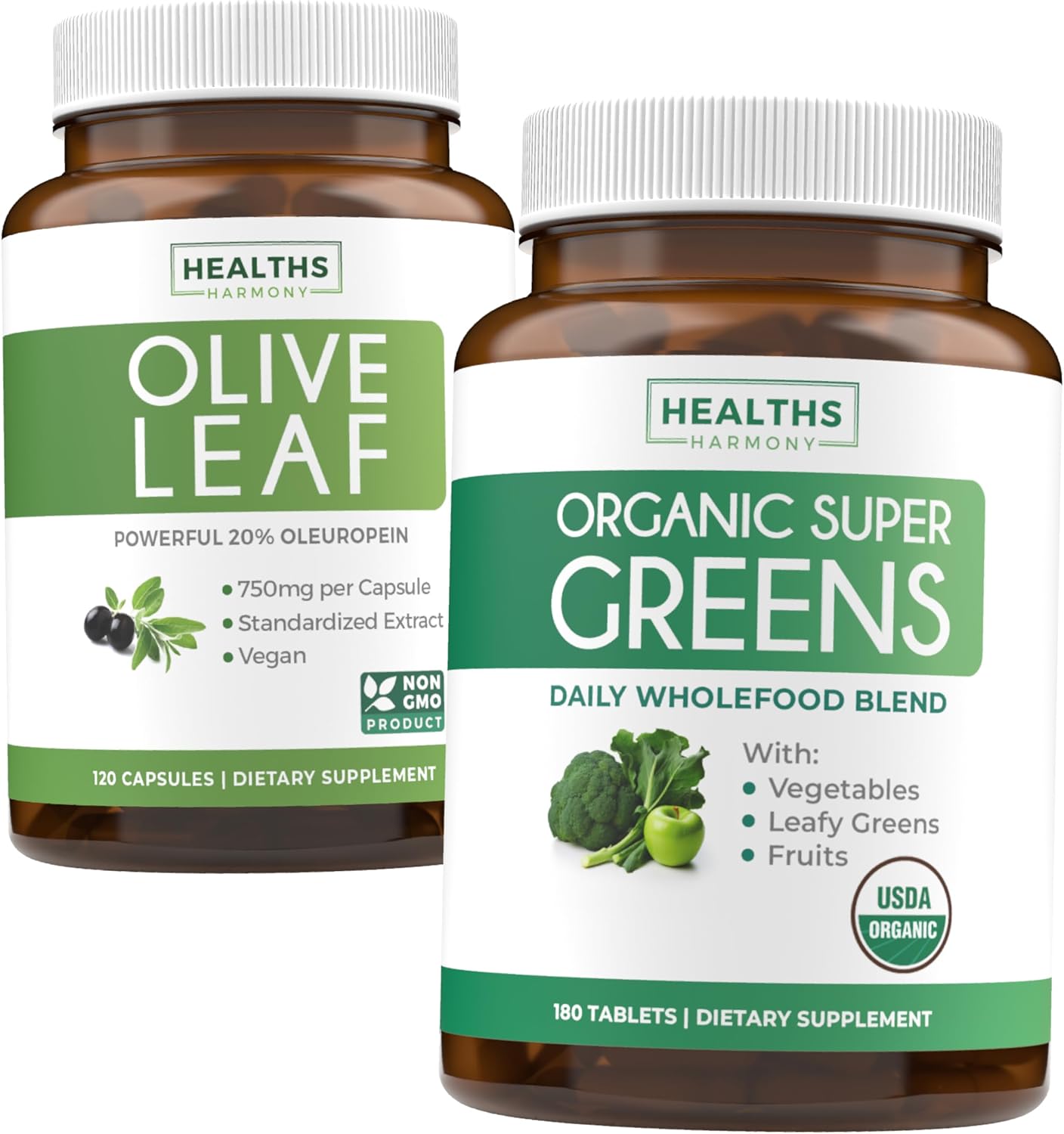 4-Month Supply of Healths Harmony Olive Leaf Extract & Organic Super Greens - Pure Plant Power Bundle with 120 Capsules of Olive Leaf Extract and 180 Tablets of Super Strength & Organic Super Greens - Organic Superfood