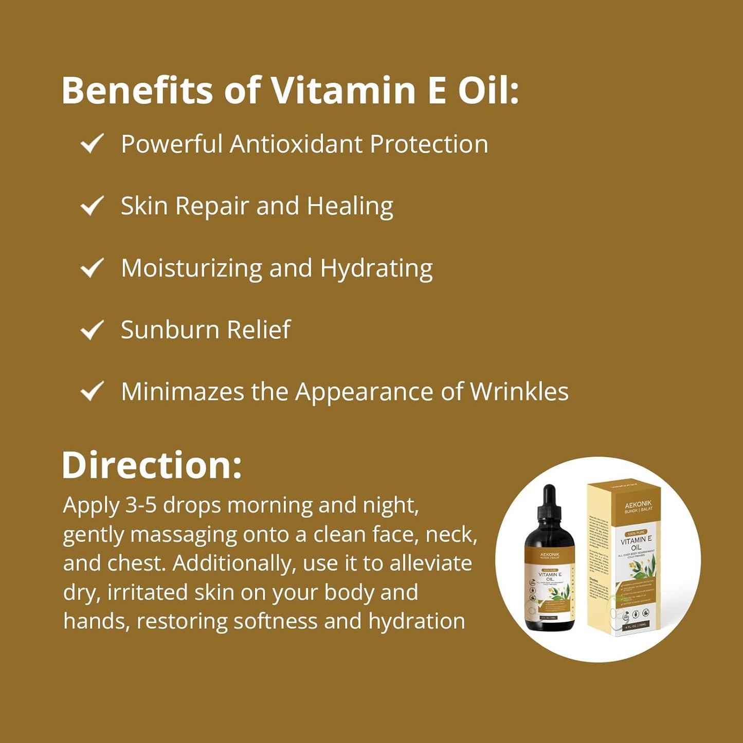 4-Oz AEKONIK Organic Vitamin E Oil for Skin and Body Care - Pure Essential Oil Rich in Vitamin E