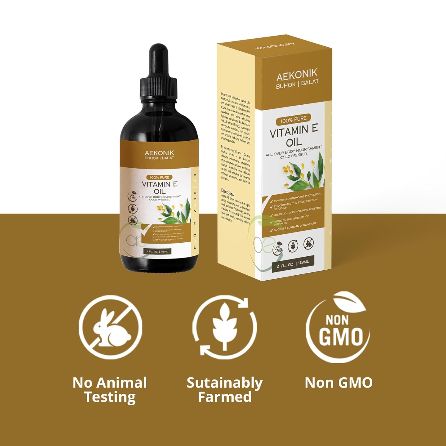 4-Oz AEKONIK Organic Vitamin E Oil for Skin and Body Care - Pure Essential Oil Rich in Vitamin E