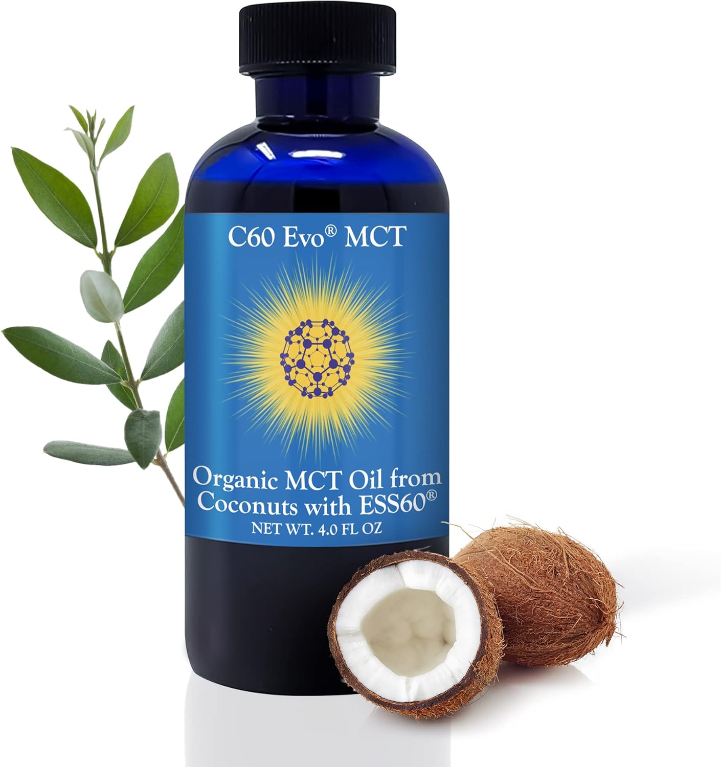 4 oz C60 Evo MCT Oil with C60 ESS60, Immune Support, Antioxidants, Joint Flexibility, Energy Boost - Coconut-based Sleep Aid Supplement