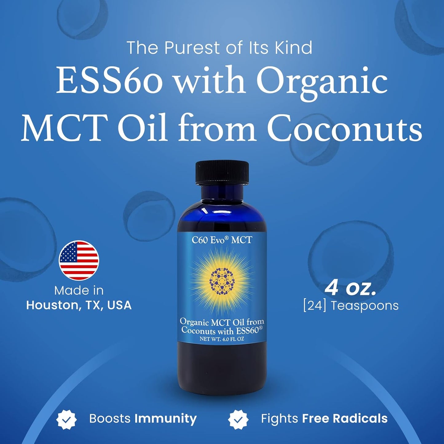 4 oz C60 Evo MCT Oil with C60 ESS60, Immune Support, Antioxidants, Joint Flexibility, Energy Boost - Coconut-based Sleep Aid Supplement