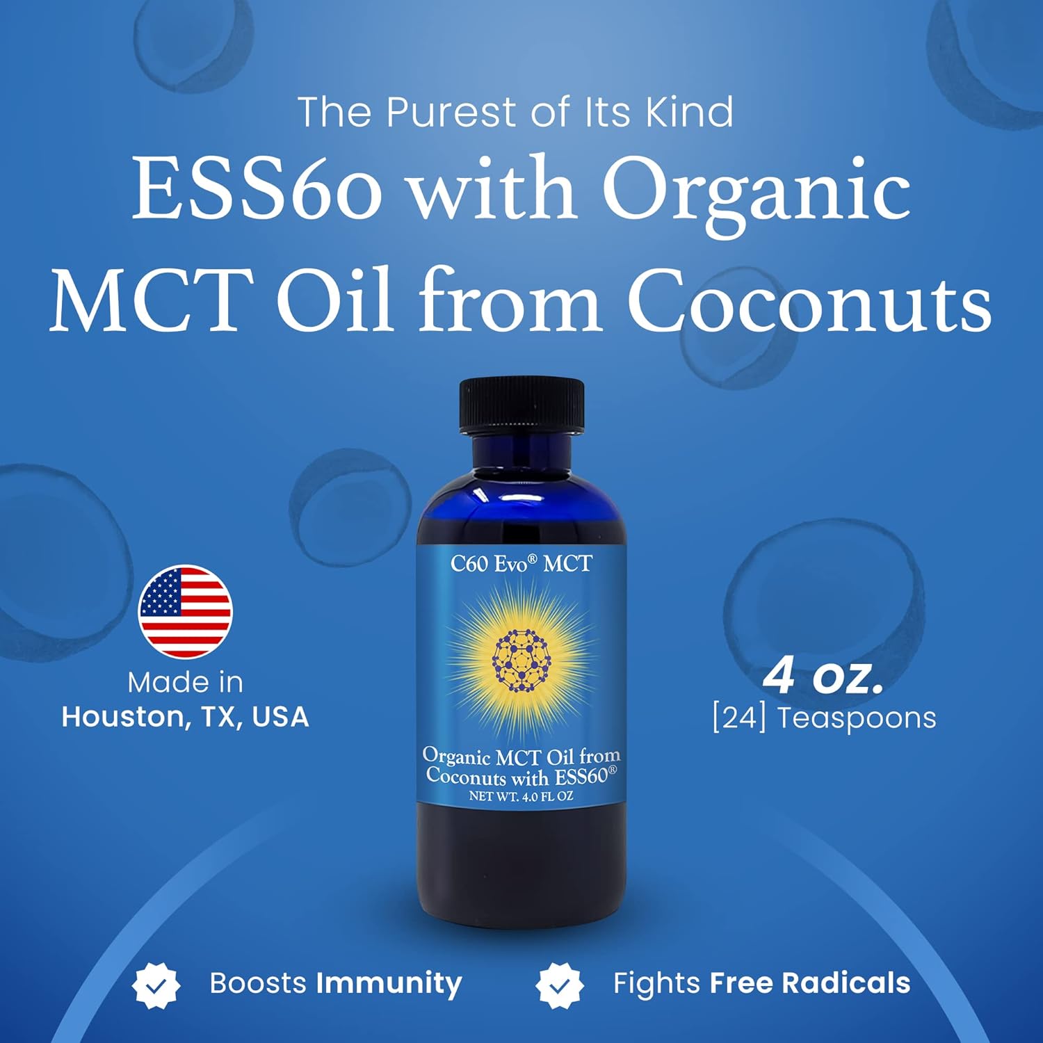 4 oz C60 Evo MCT Oil with C60 ESS60, Immune Support, Antioxidants, Joint Flexibility, Energy Boost - Coconut-based Sleep Aid Supplement