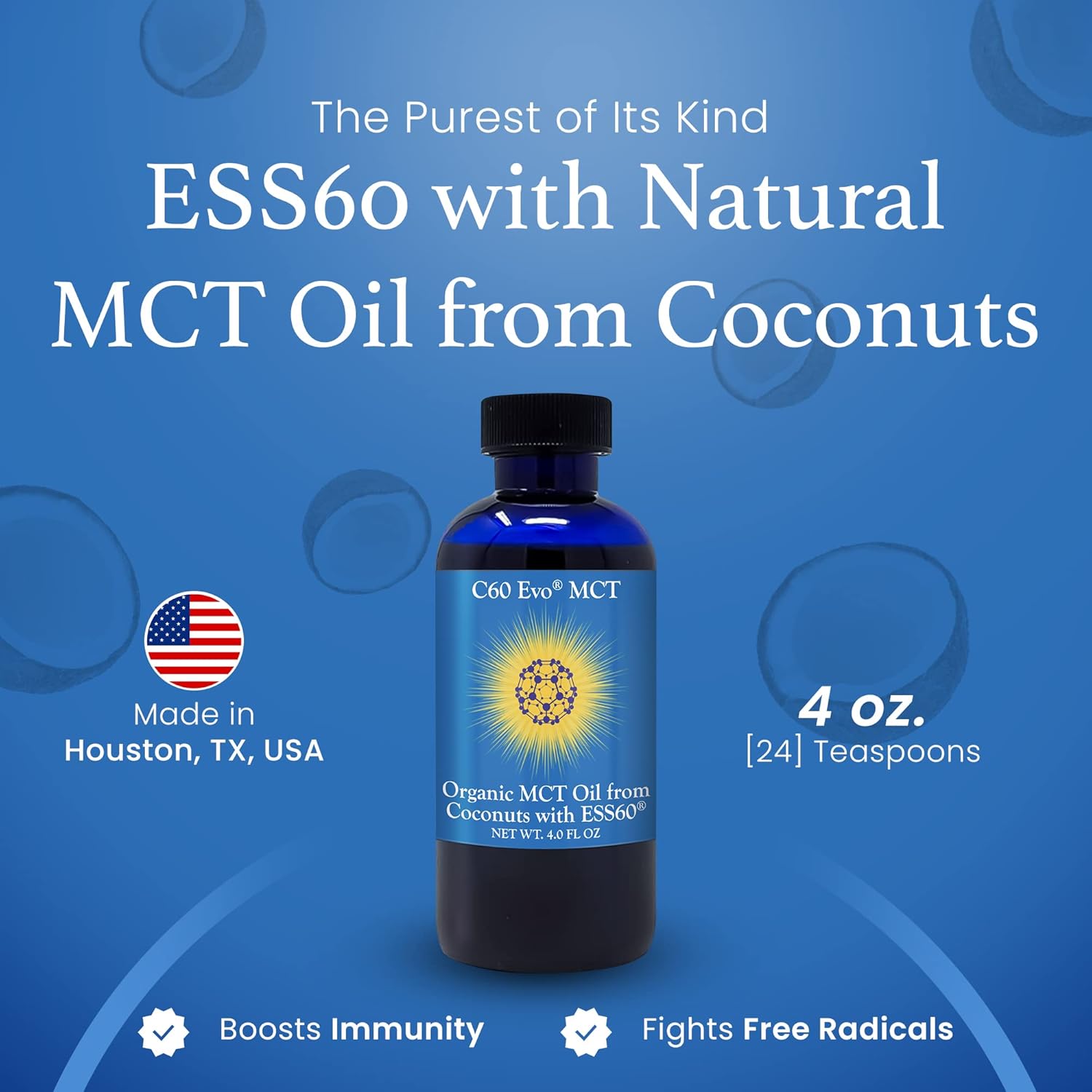 4 oz C60 Evo MCT Oil with C60 ESS60, Immune Support, Antioxidants, Joint Flexibility, Energy Boost - Coconut-based Sleep Aid Supplement