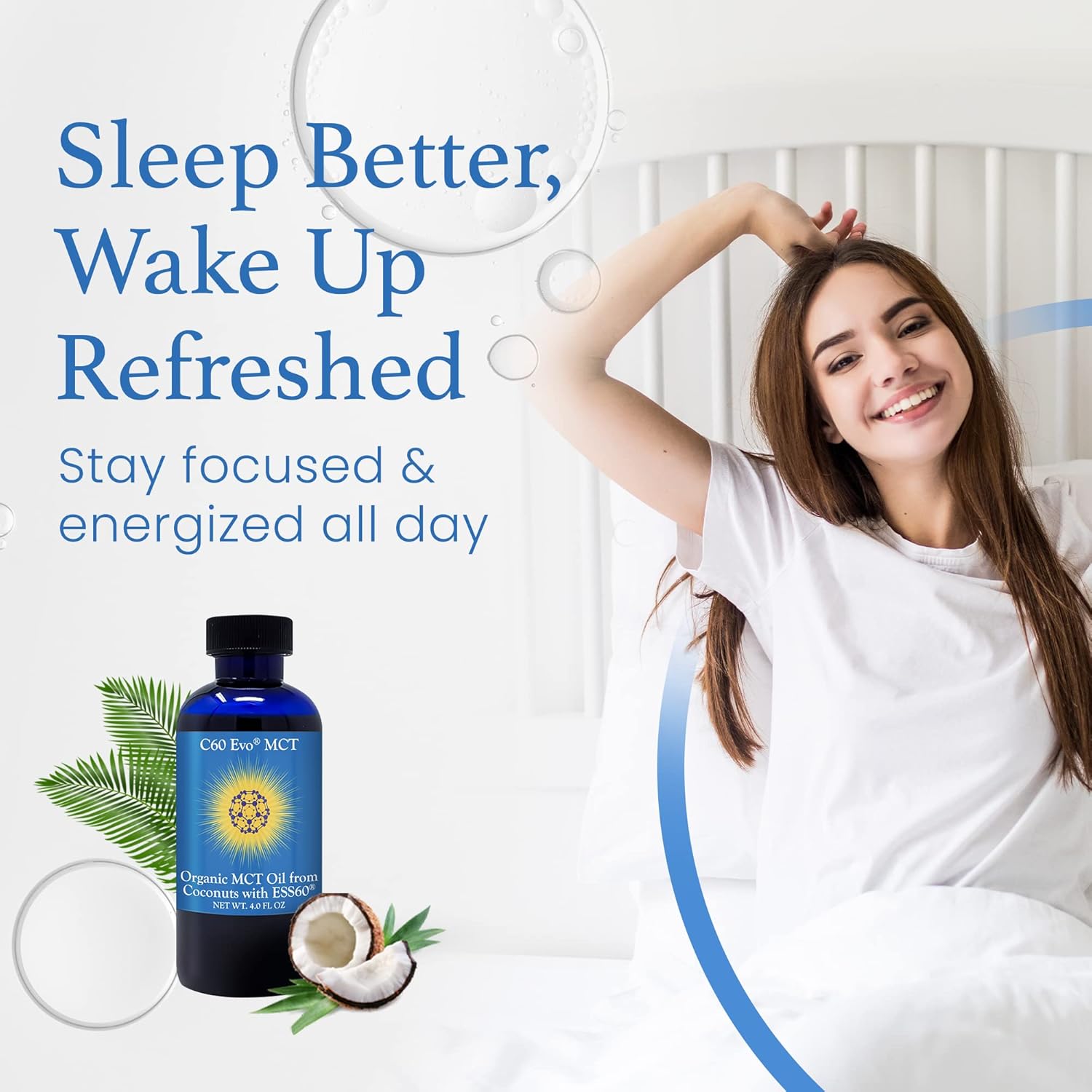 4 oz C60 Evo MCT Oil with C60 ESS60, Immune Support, Antioxidants, Joint Flexibility, Energy Boost - Coconut-based Sleep Aid Supplement