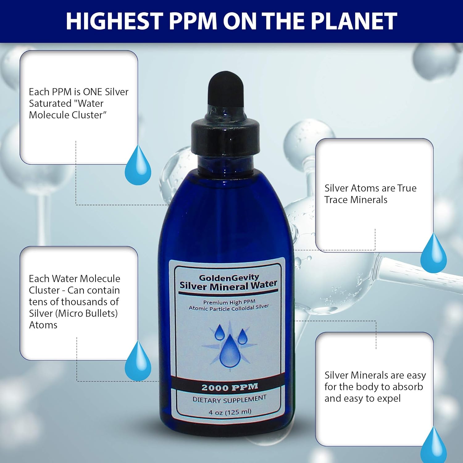 4 oz GoldenGevity 2000 PPM Bioactive Atomic Colloidal Silver | Non-GMO Trace Mineral Drops Immune Support Supplement