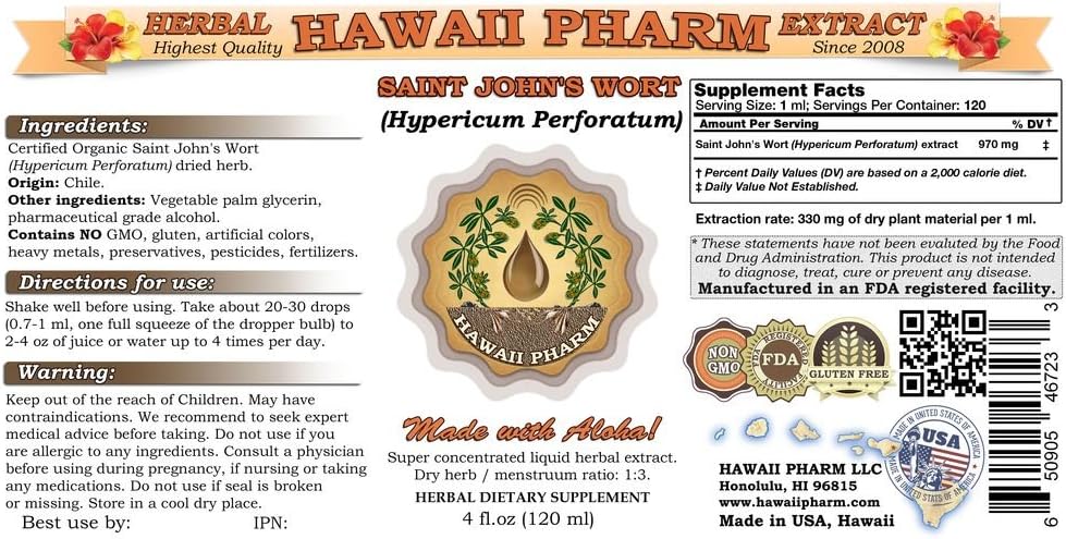 4 Oz Hawaii Pharm Saint John's Wort Liquid Extract Tincture (Hypericum Perforatum) - 120ml