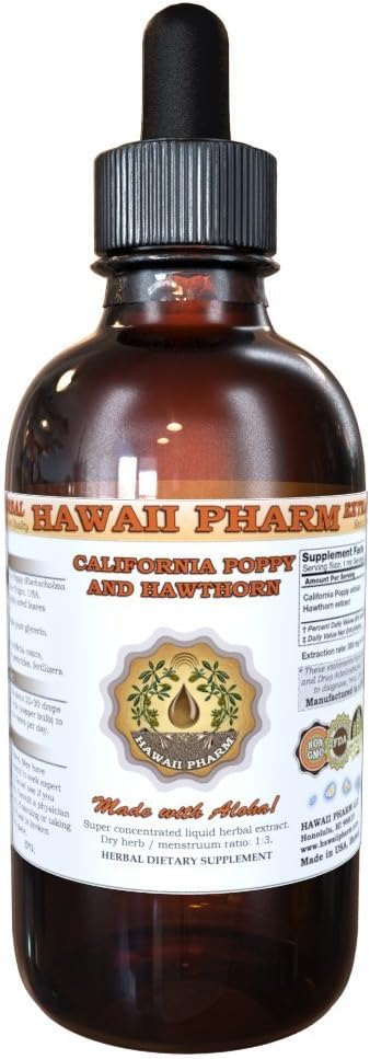 4 oz Hawaiian Pharm Californian Poppy & Hawthorn Liquid Extract - Organic Herbal Supplement for Stress Relief & Heart Health
