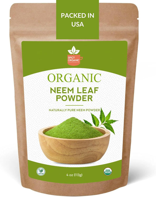 4 oz. Spicy Organic Neem Powder - USDA Certified, Non-GMO, Fresh Dried Leaves - Hair, Skin, Overall Wellbeing